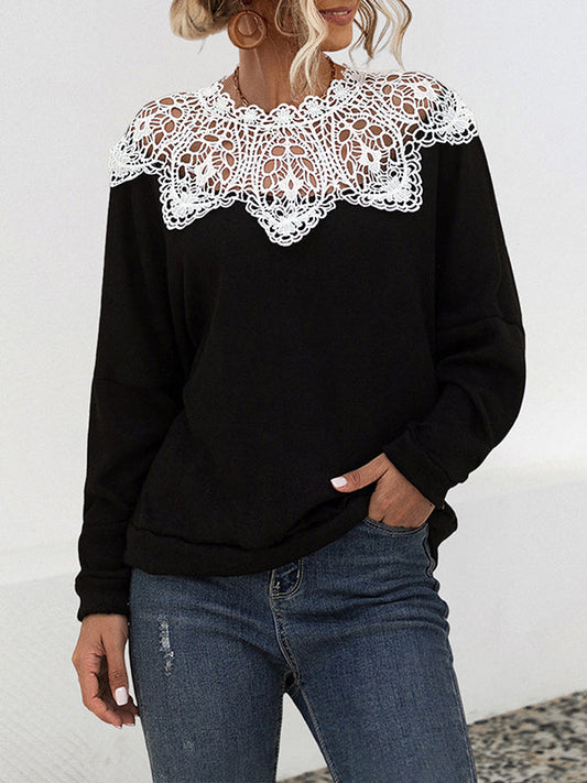 Long Sleeves Loose Hollow Split-Joint Round-Neck Blouses&Shirts Tops