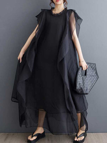 Loose Ruffle Sleeves Falbala Ruffled Solid Color Round-neck Midi Dresses