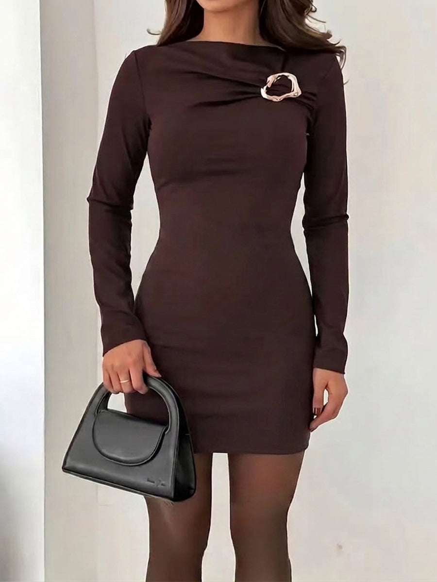Solid Color Buckle Long Sleeves High Waisted Round-neck Mini Dresses