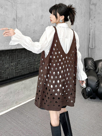 Loose Sleeveless Hollow Solid Color V-Neck Vest Top