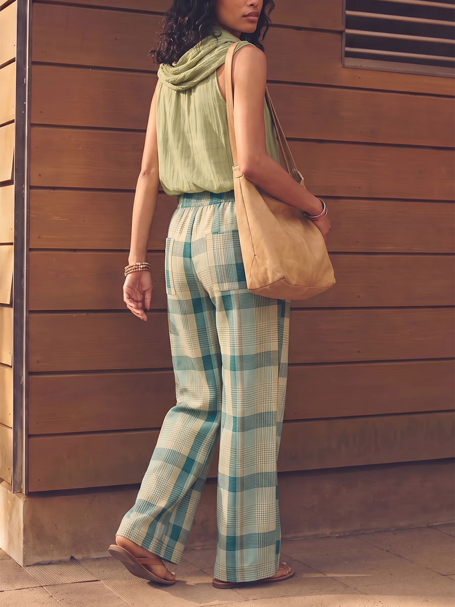 Pockets Plaid Contrast Color Wide Leg Loose Trousers Pants