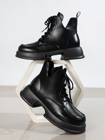 Lace-Up Round-Toe Solid Color Split-Joint Boots