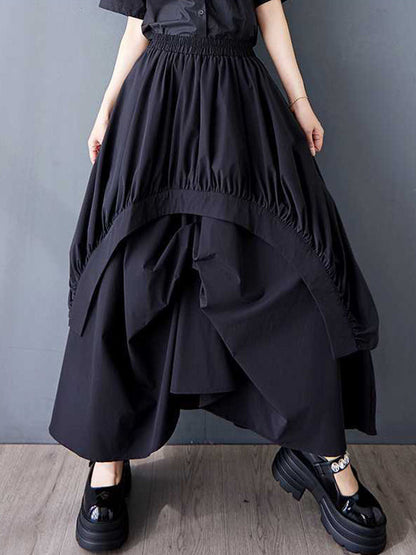 A-Line Loose Asymmetric Elasticity Pleated Pockets Solid Color Skirts Bottoms