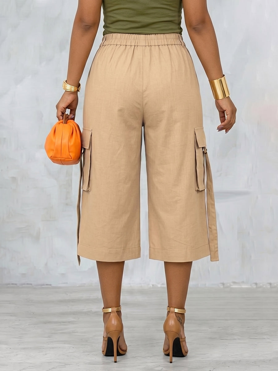 High Waisted Wide Leg Pleated Pockets Solid Color Split-Joint Streamer Cropped Trousers