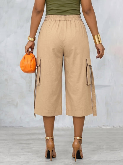 High Waisted Wide Leg Pleated Pockets Solid Color Split-Joint Streamer Cropped Trousers
