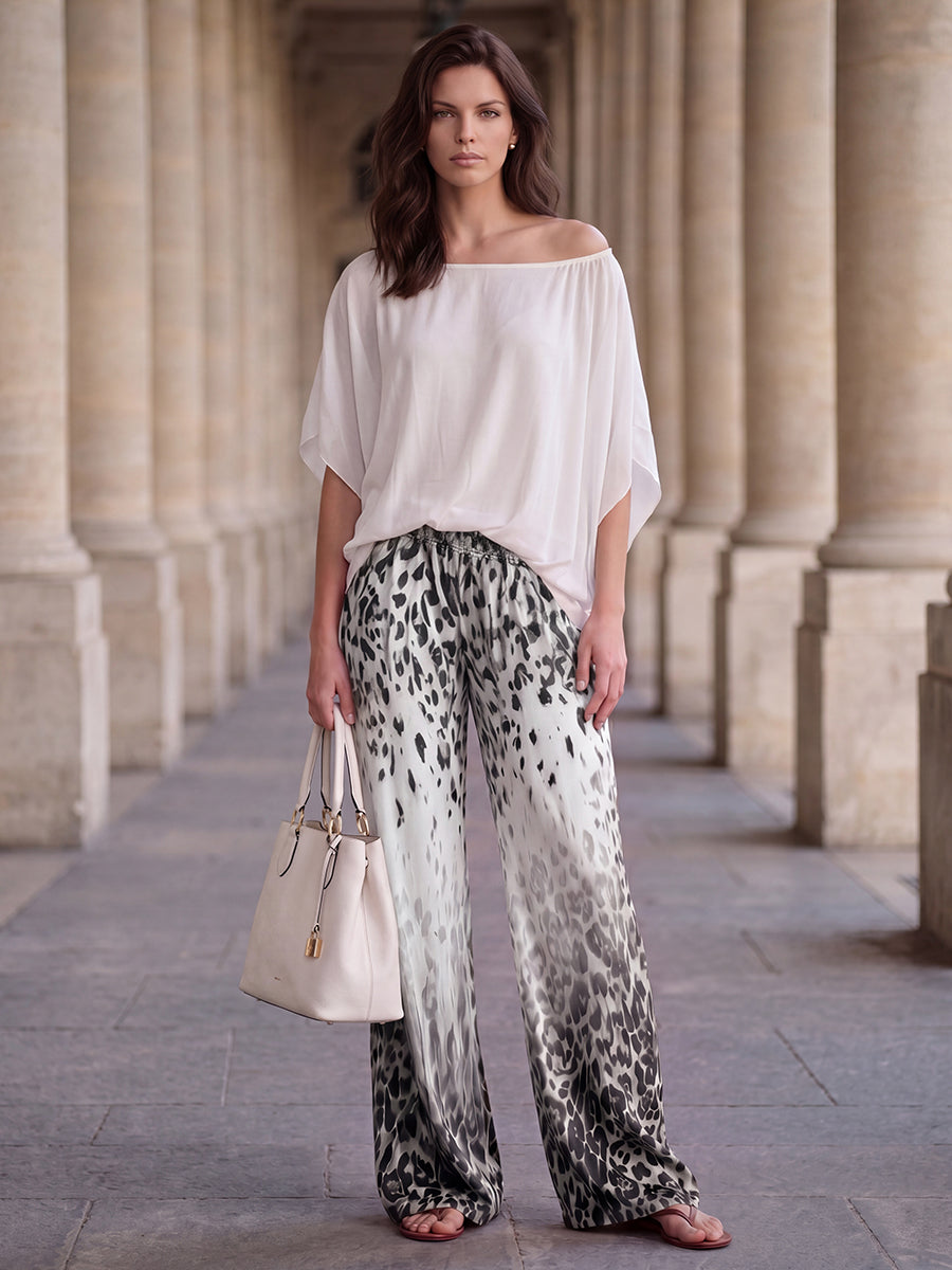 Pockets Leopard Gradient Elasticity Wide Leg Loose Wide Leg Pants Trousers
