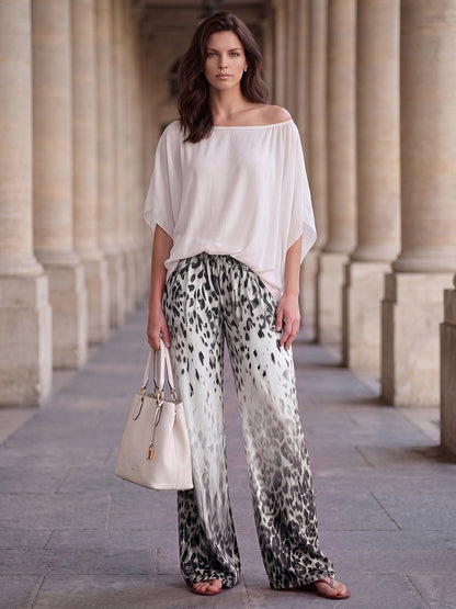 Pockets Leopard Gradient Elasticity Wide Leg Loose Wide Leg Pants Trousers
