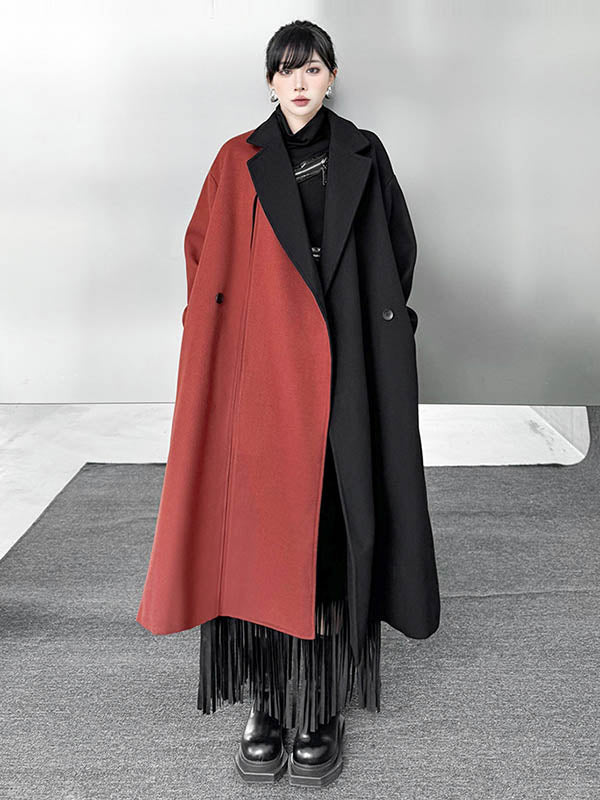 Irregularity Long Sleeves Buttoned Contrast Color Double-Breasted Split-Joint Tasseled Notched Collar Outerwear Overcoat