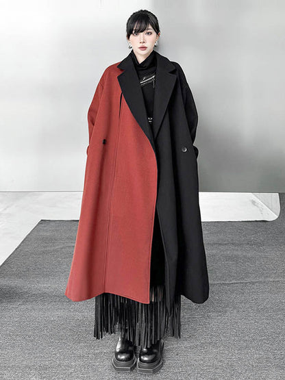 Irregularity Long Sleeves Buttoned Contrast Color Double-Breasted Split-Joint Tasseled Notched Collar Outerwear Overcoat