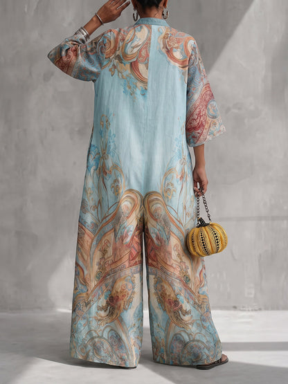 Printed Pockets Wide Leg Three-quarter Sleeves V-neck Jumpsuits
