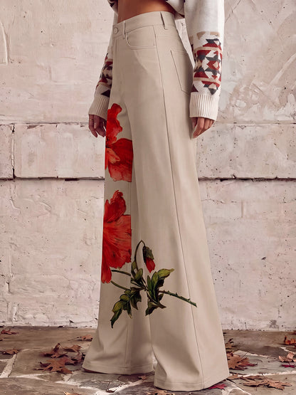High Waisted Plus Size Buttoned Flower Print Pockets Pants Trousers