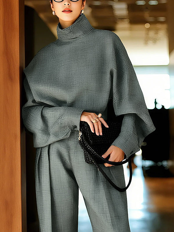 Loose Raglan Sleeve Solid Color Split-Joint High Neck Blouses&Shirts Tops