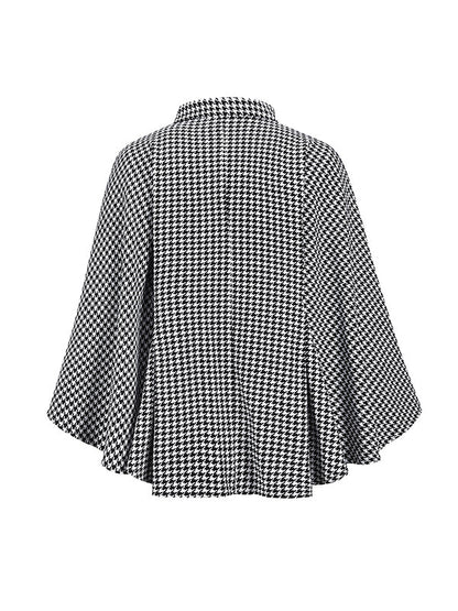 Batwing Sleeves Long Sleeves Houndstooth Tied Waist Stand Collar Cape Outerwear