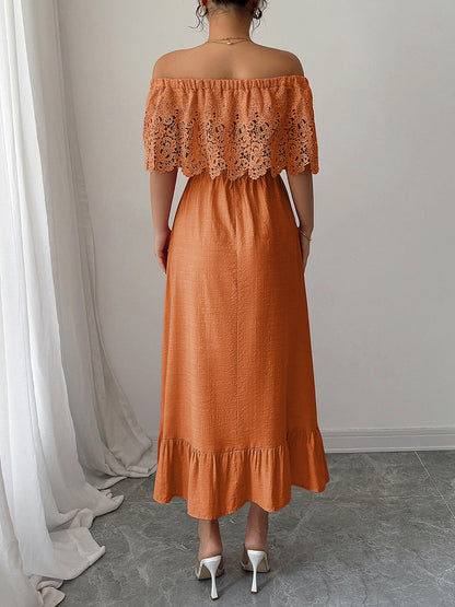 A-Line High Waisted Pleated Ruffled Solid Color Split-Joint One-Shoulder Midi Dresses