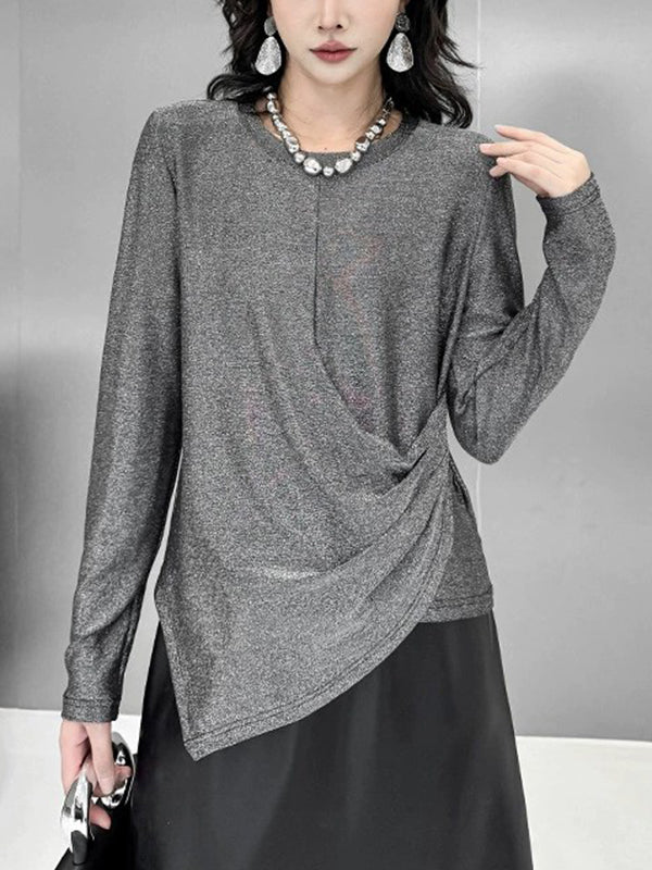 Hipster Long Sleeves Asymmetric Solid Color Round-Neck T-Shirts Tops