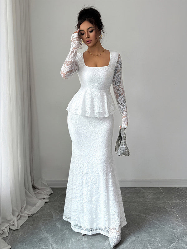 Bodycon Long Sleeves Flower Print Ruffled See-Through Solid Color Split-Joint Square-Neck Maxi Dresses