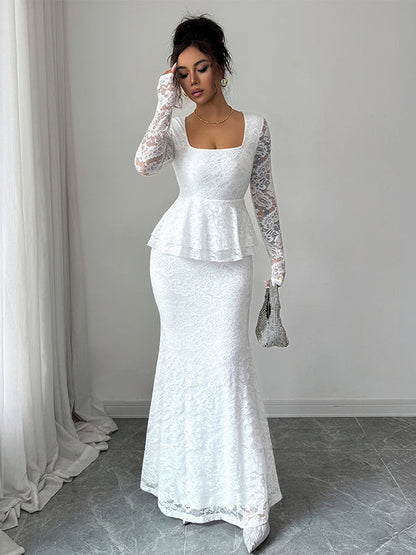 Bodycon Long Sleeves Flower Print Ruffled See-Through Solid Color Split-Joint Square-Neck Maxi Dresses