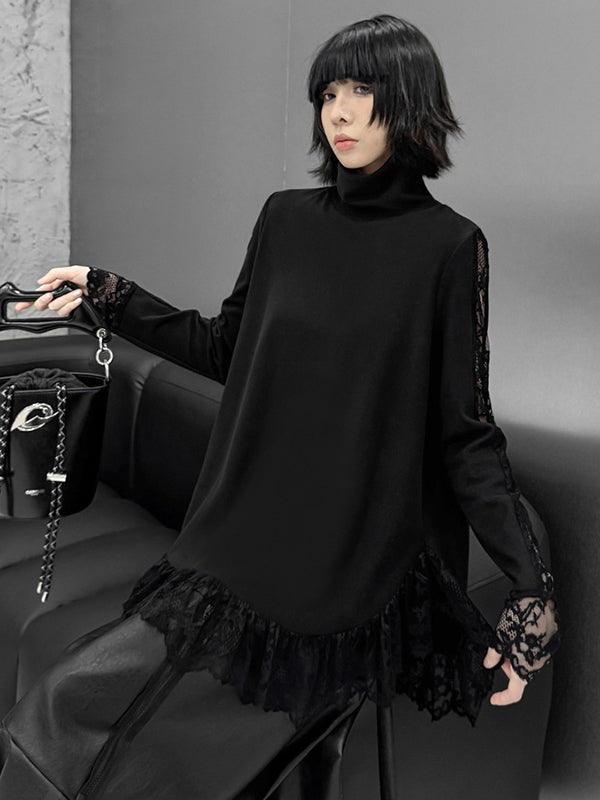 Hipster Long Sleeves See-Through Split-Joint High Neck T-Shirts Tops