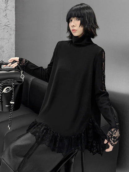 Hipster Long Sleeves See-Through Split-Joint High Neck T-Shirts Tops