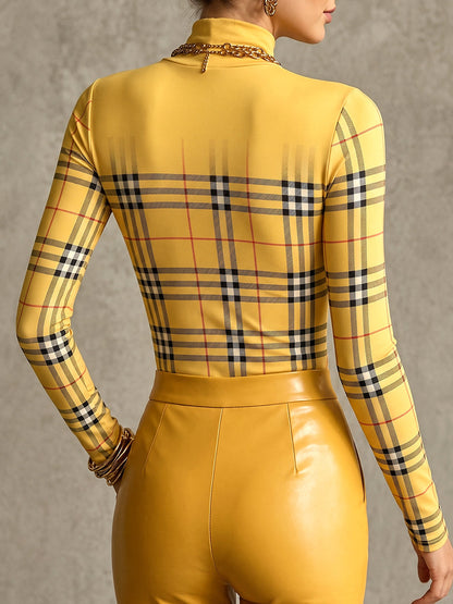 Plaid Contrast Color Skinny Long Sleeves High-neck T-Shirts Tops