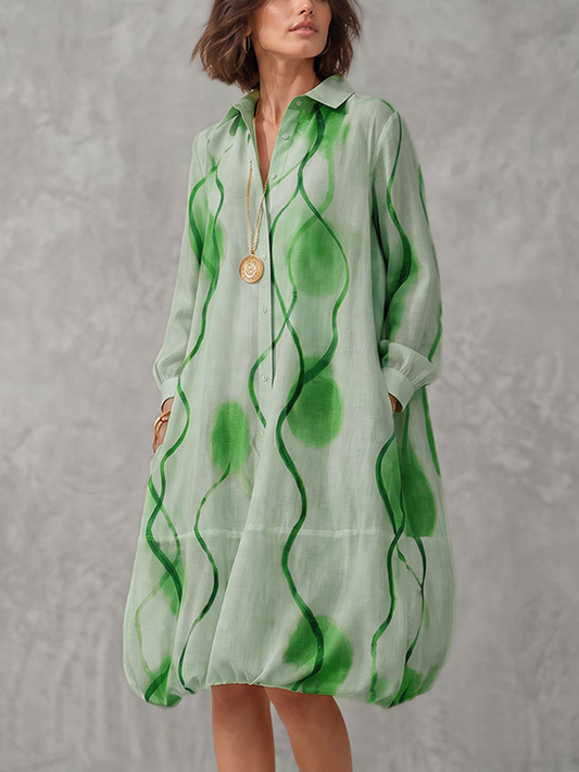 Printed Pockets Elasticity Contrast Color Buttoned Loose Long Sleeves Lapel Midi Dresses