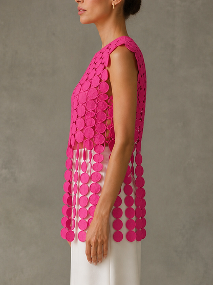 Tasseled Split-Joint Polka-Dot Hollow Sleeveless Loose Round-neck Blouses&shirts Tops