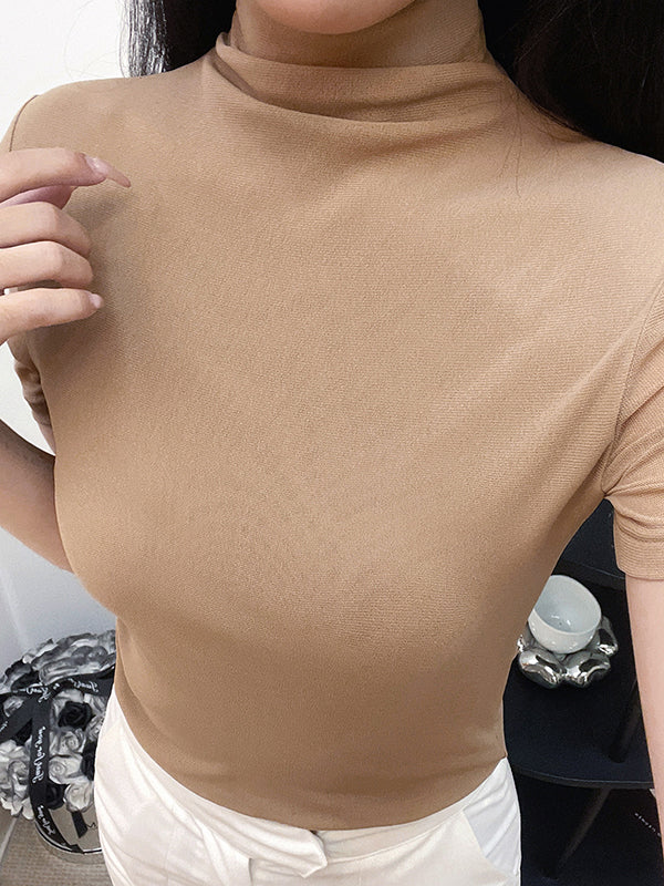 Half Sleeves Skinny Solid Color High Neck T-Shirts Tops