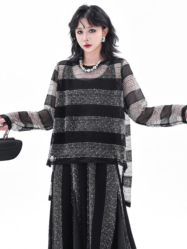 Striped Contrasting Color Elastic Round-Neck  Long-Sleeved See-Through Blouses&Shirts Tops+ Skirt Bottom Two Pieces Set