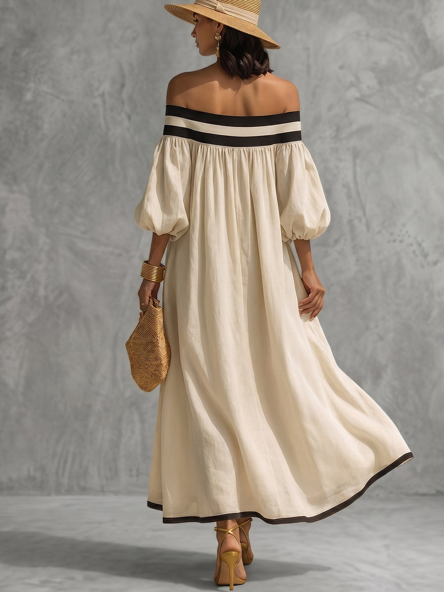 Loose Puff Sleeves Contrast Color Elasticity Pleated Off-The-Shoulder Maxi Dresses