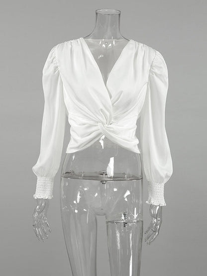 Loose Puff Sleeves Elasticity Pleated Solid Color Split-Joint V-Neck Blouses&Shirts Tops