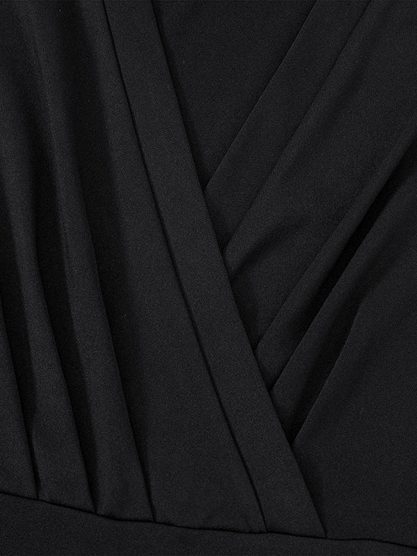 A-Line Long Sleeves Gauze Pleated Split-Joint V-Neck Midi Dresses