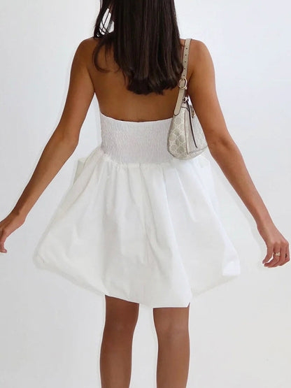 A-Line High Waisted Elasticity Pleated Pockets Solid Color Tube Mini Dresses