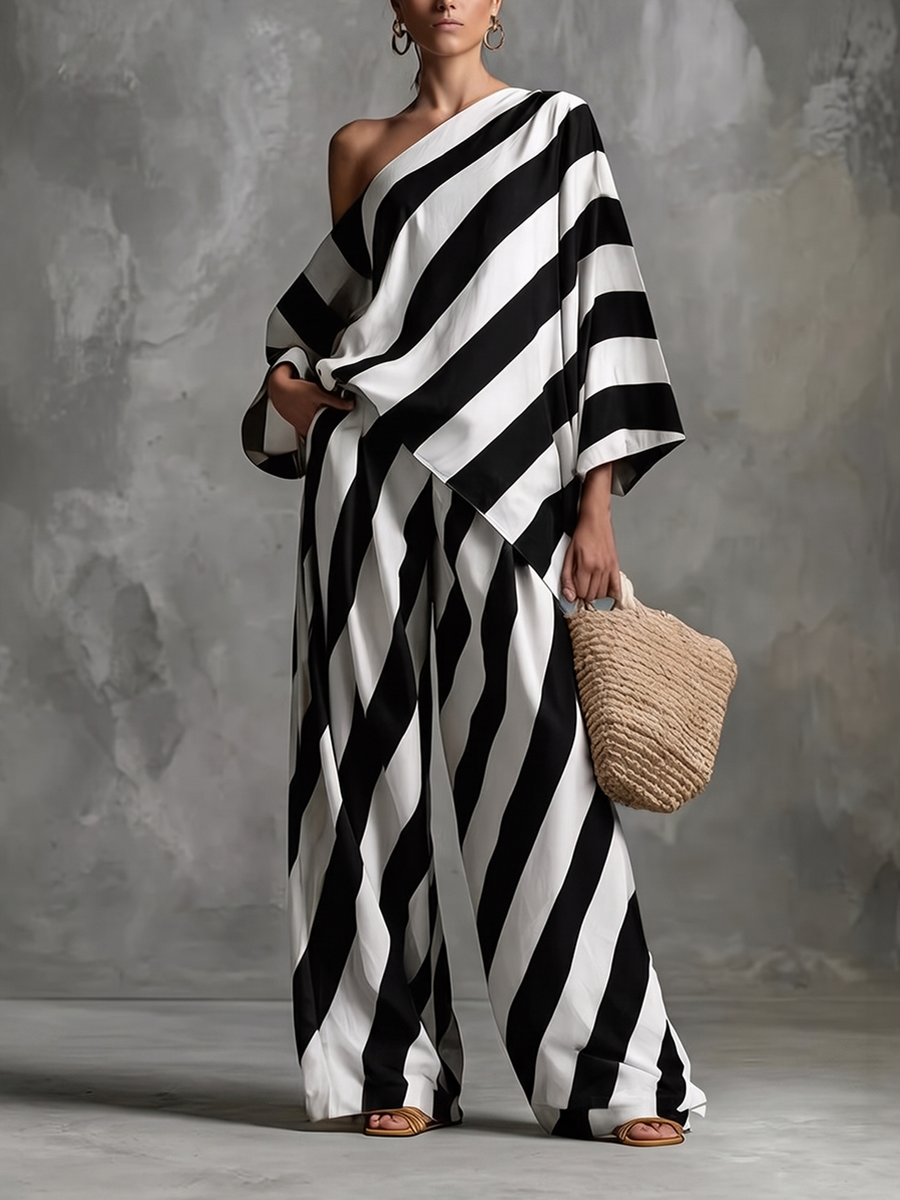 Striped Contrast Color Backless Asymmetric Three-quarter Sleeves Loose One-shoulder Blouses&shirts Tops