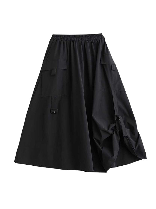 A-Line Loose Elasticity Pleated Pockets Solid Color Split-Joint Skirts Bottoms