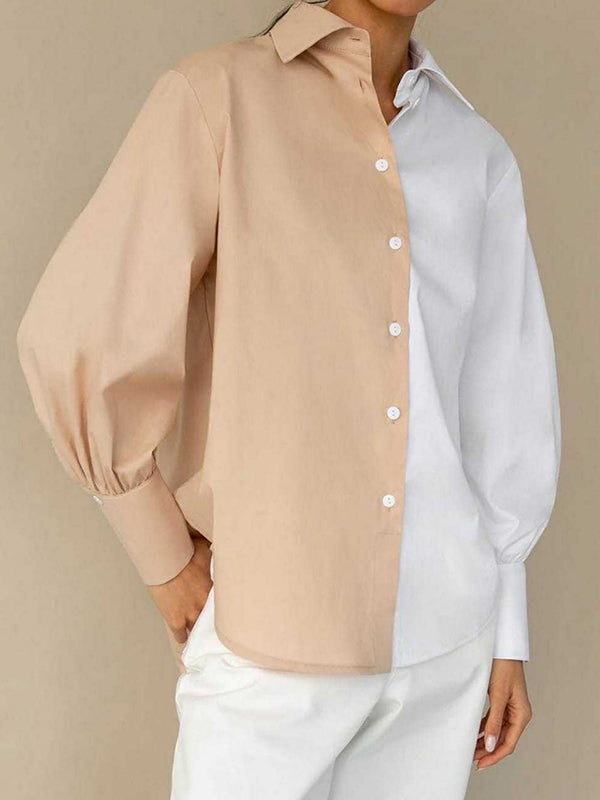 Long Sleeves Loose Buttoned Contrast Color Lapel Blouses&Shirts Tops WHITE