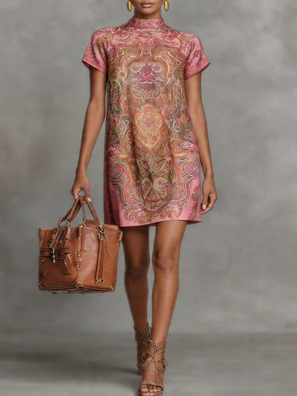 Loose Short Sleeves Contrast Color Printed Stand Collar Mini Dresses