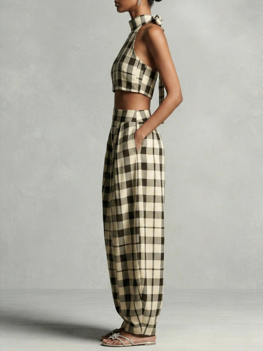 Contrast Color Plaid Printed Tied Stand Collar Cropped Blouses&Shirts Tops + Pleated Pockets High Waisted Pants Trousers Two Pieces Set