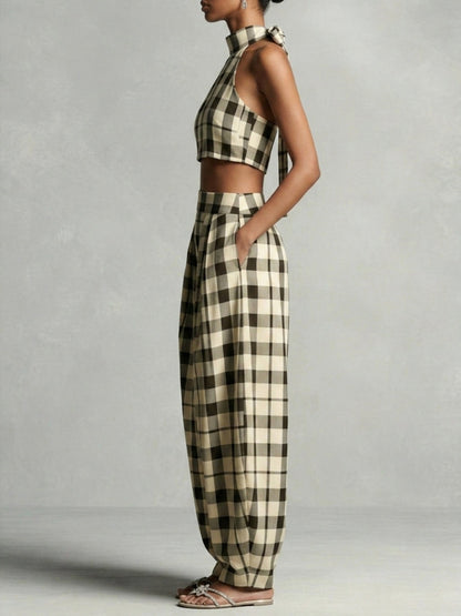 Contrast Color Plaid Printed Tied Stand Collar Cropped Blouses&Shirts Tops + Pleated Pockets High Waisted Pants Trousers Two Pieces Set