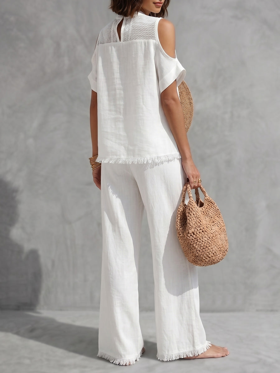 Fringed Cold Shoulder Half-Zip Solid Color Short Sleeve Blouses&Shirts Tops + Pants Bottoms Trousers Two Pieces Set