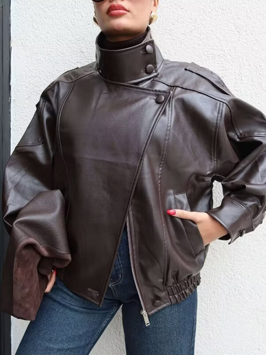 Zipper Split-Joint Solid Color Pockets Elasticity Buttoned Asymmetric Long Sleeves Stand Collar Outerwear Jackets