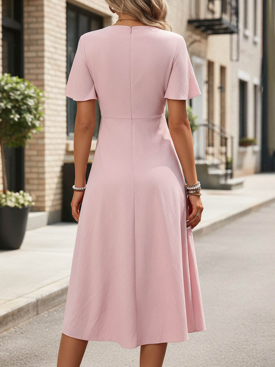 A-Line High Waisted Pleated Solid Color V-Neck Midi Dresses