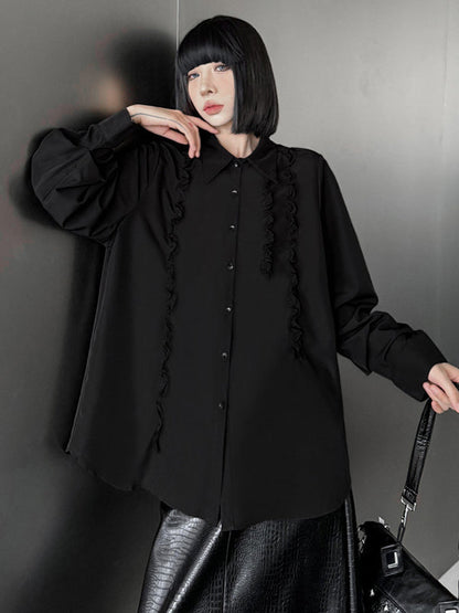 Hipster Long Sleeves Buttoned Falbala Ruffled Solid Color Split-Joint Lapel Blouses&Shirts Tops