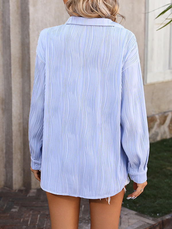 Long Sleeves Buttoned Jacquard Pleated Solid Color Blouses&Shirts Tops