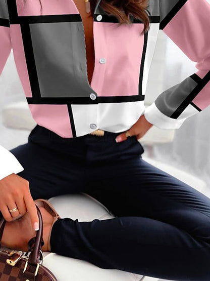 Long Sleeves Loose Buttoned Contrast Color Plaid Lapel Blouses&Shirts Tops