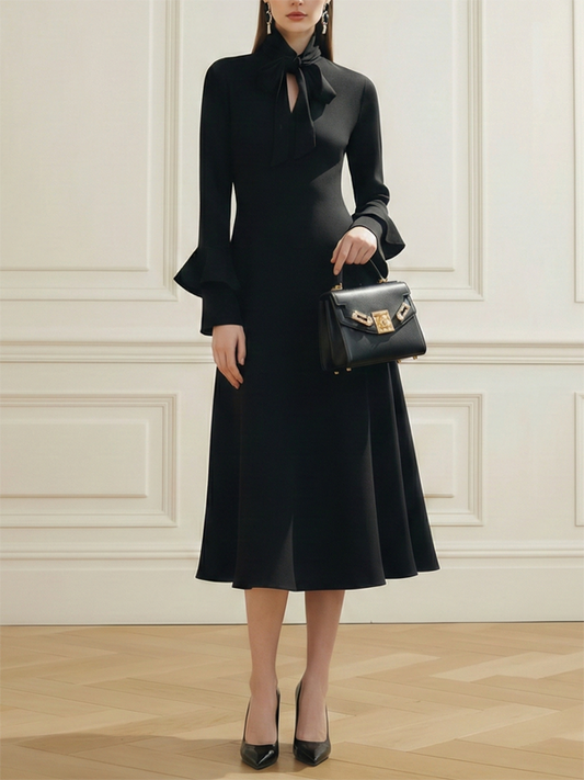 Long Sleeves Solid Color Tied Mock Neck Midi Dresses