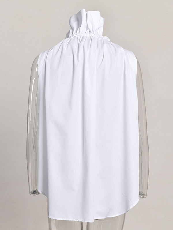 Loose Sleeveless Buttoned Drawstring Pleated Solid Color Stand Collar Vest Top