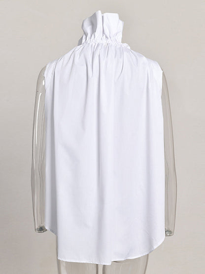 Loose Sleeveless Buttoned Drawstring Pleated Solid Color Stand Collar Vest Top