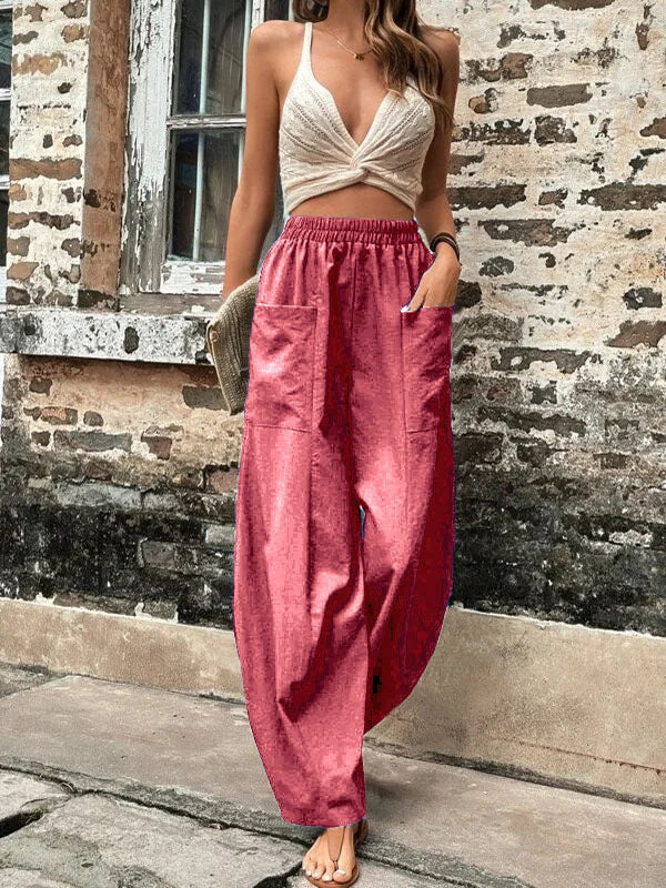 Pantalon ample grande taille avec poches élastiques et couleur unie 