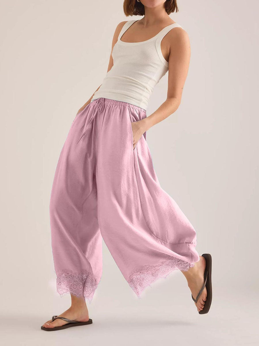 Split-Joint Solid Color Pockets Elasticity Drawstring Wide Leg Loose Trousers Pants