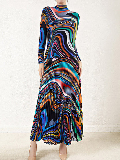 Long Sleeves Contrast Color Pleated Mock Neck T-Shirt Top + Printed A-Line Skirts Bottom Two Pieces Set